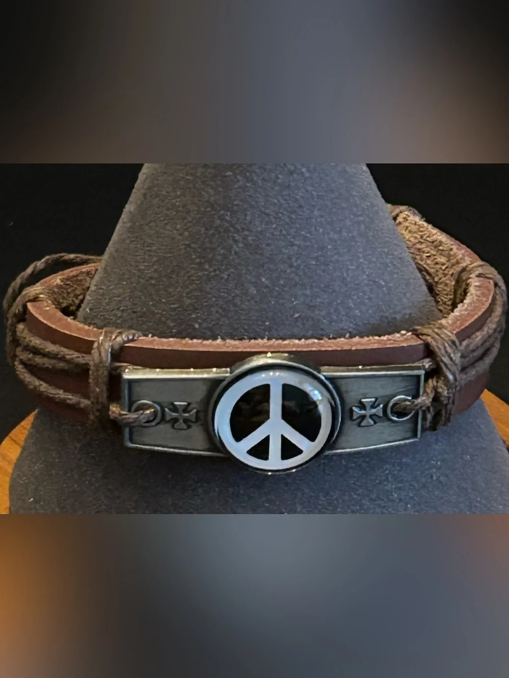 Men's Brown or Black Leather Peace Sign Adjustable Bracelet wAntique Metal Plate